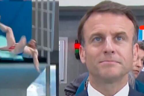 “Me resbalé, jefe”: Clavadista sufre aparatosa caída y causa asombro en Emmanuel Macron