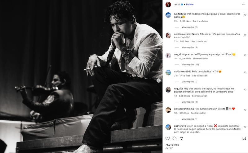 Comentarios sobre el cumpleaños de Inti en las fotos de Nodal en Instagram
