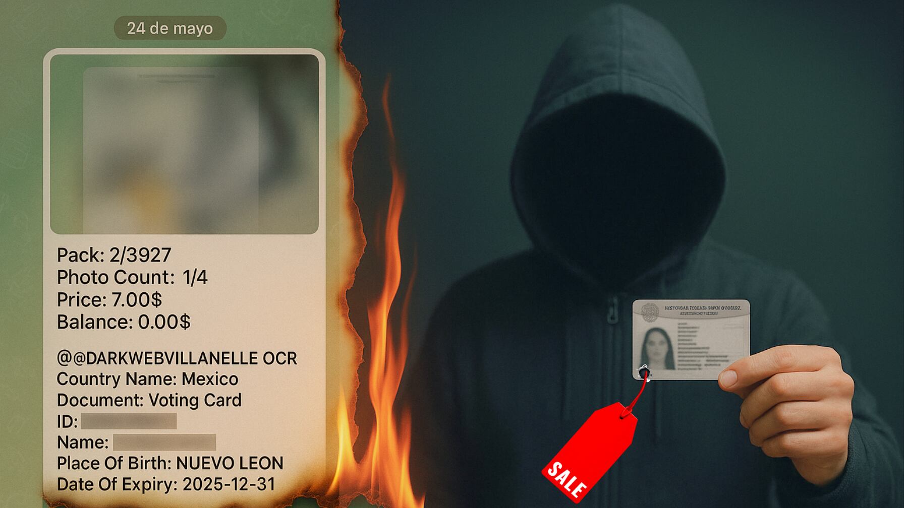 La interfaz del bot permite comprar por país, documento o identidad completa en segundos.