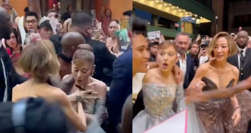 Ariana Grande fue sorprendida por un fan durante la premier de Wicked 2 en Singapur.