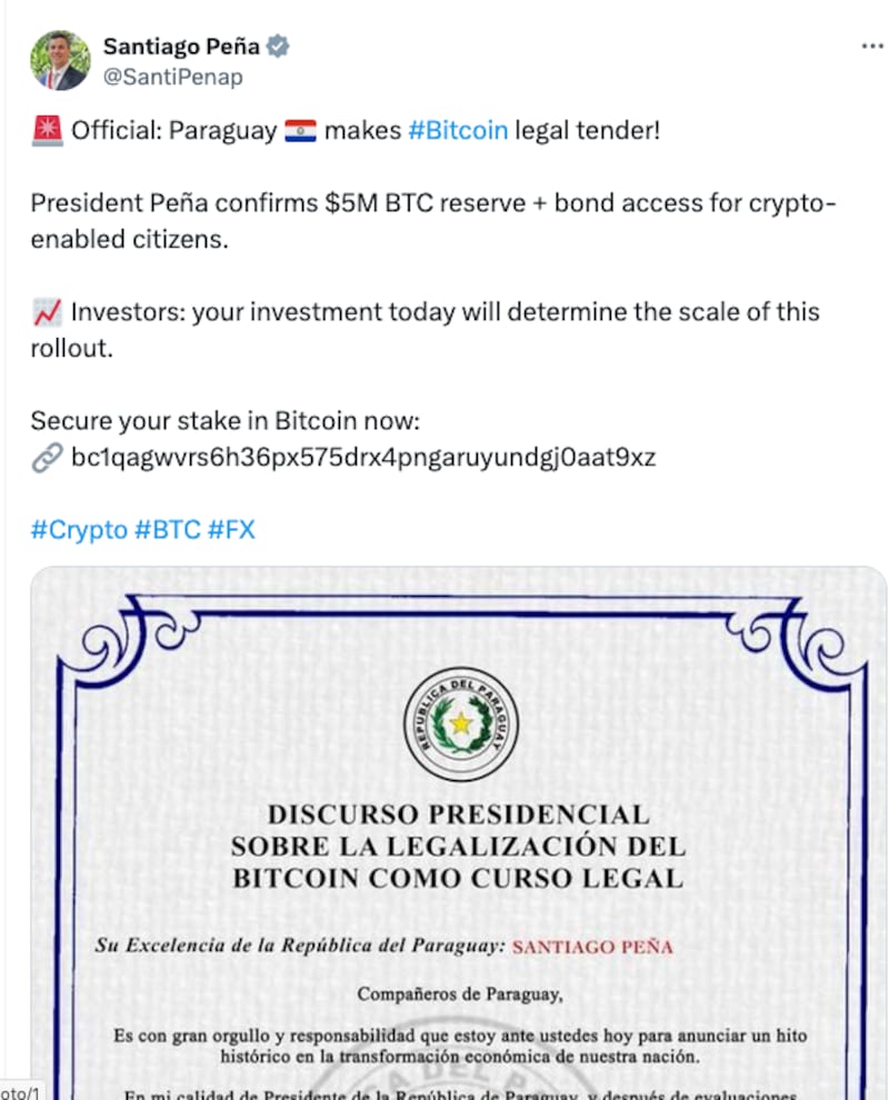 La cuenta del presidente de Paraguay fue hackeada en X para promover una estafa con Bitcoin.