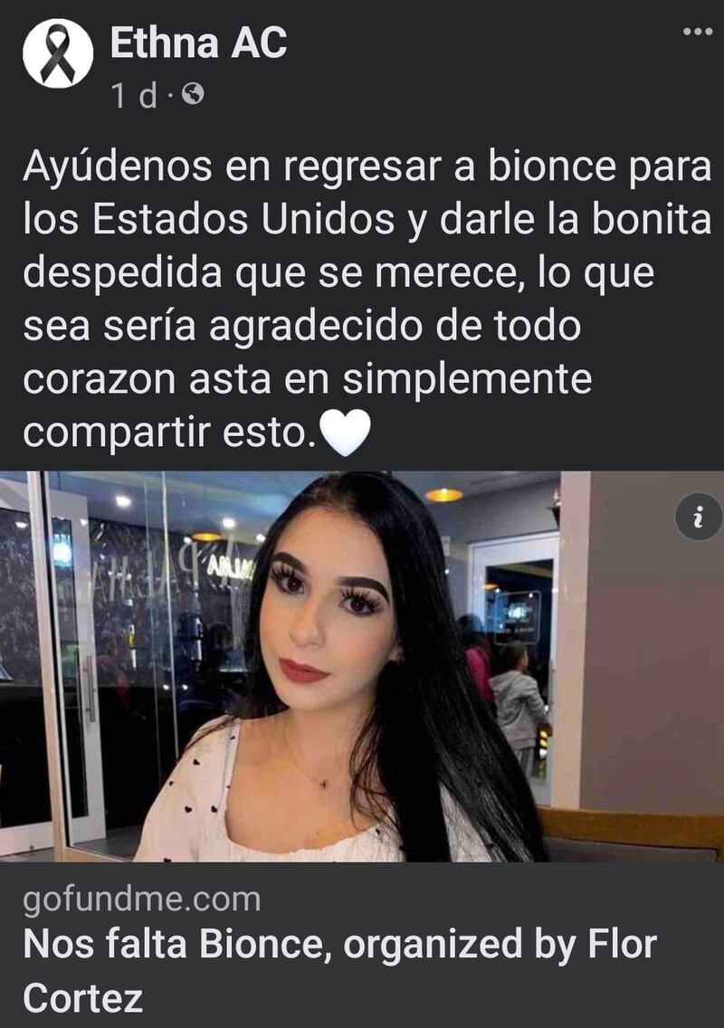 La hermana de Bionce solicita ayuda a través de su perfil de Facebook.