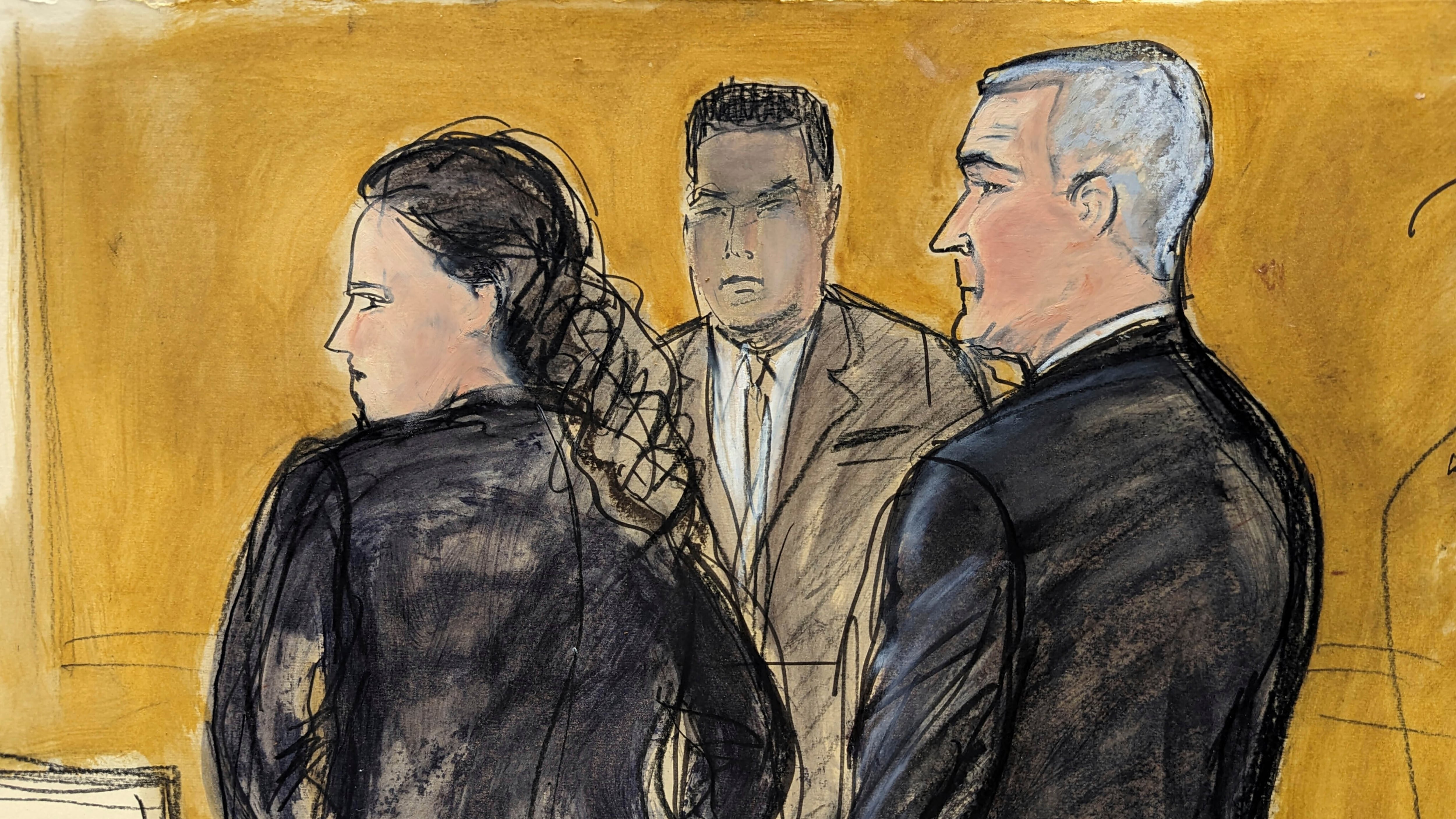 En este boceto de la sala del tribunal federal, en Nueva York, el viernes 17 de febrero de 2023, Genaro García Luna, a la derecha, y su abogada defensora Valerie Gotlieb, a la izquierda, se paran en la sala del tribunal mientras el jurado sale al final del día. de deliberación sin veredicto. Un alguacil estadounidense está de pie en el centro. (Foto AP/Elizabeth Williams)