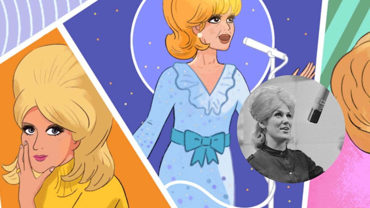 El garabato de hoy celebra al intérprete y miembro del Salón del Rock & Roll, Dusty Springfield. Foto: Google y Getty Images.