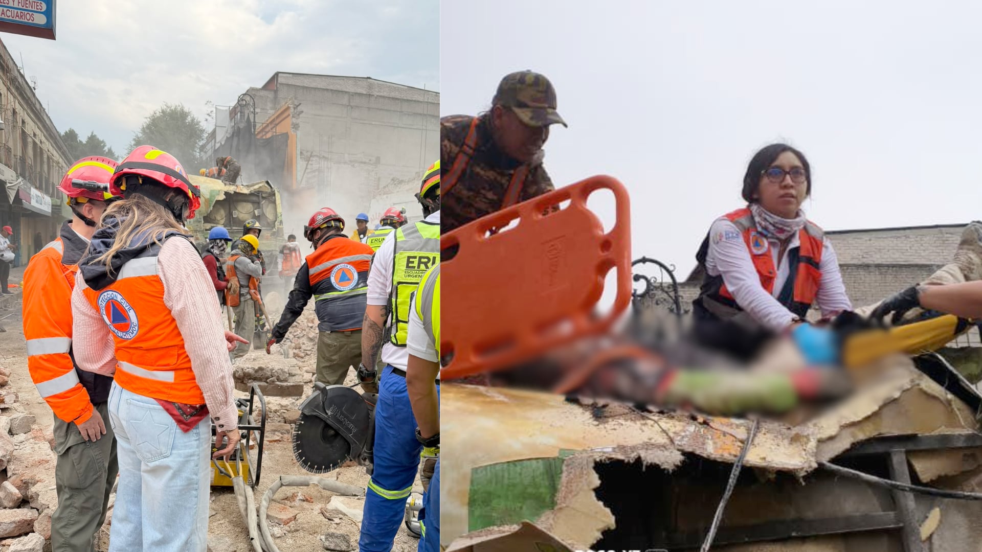 Protección Civil y equipos de rescate laboraron en el Centro Histórico luego de que una barda colapsara sobre una unidad de pasajeros