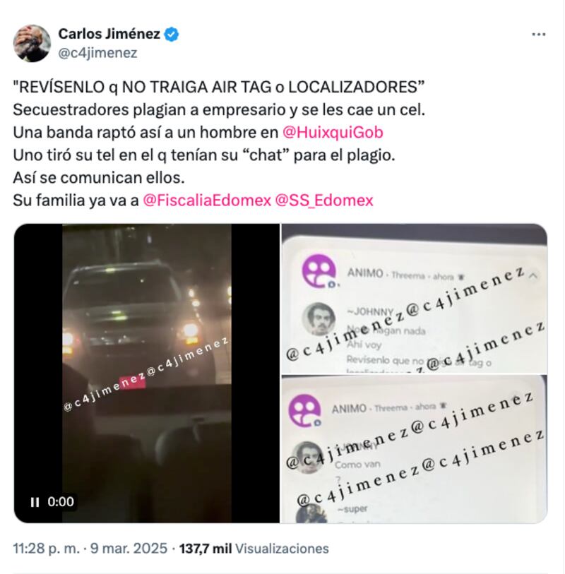 Filtran chat de secuestradores tras perder celular al raptar a empresario en Huixquilucan; conversación completa