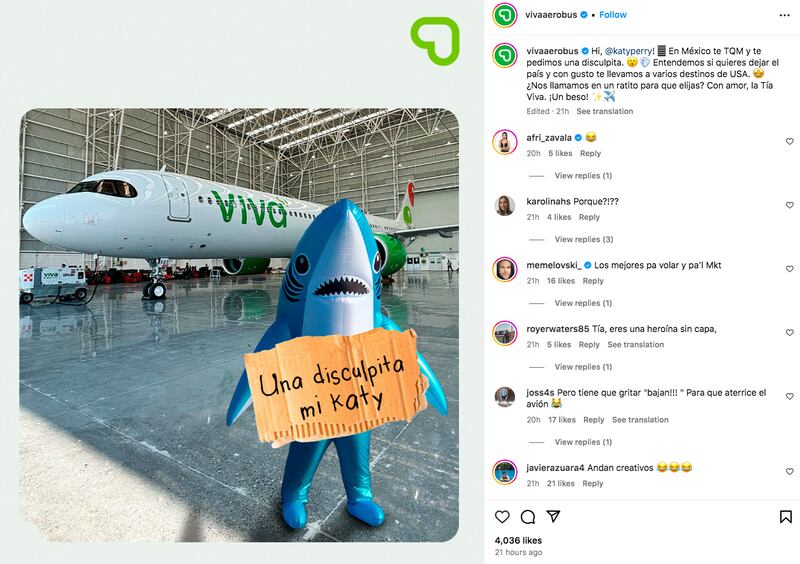 Publicación de Viva Aerobus en Instagram dirigida a Katy Perry