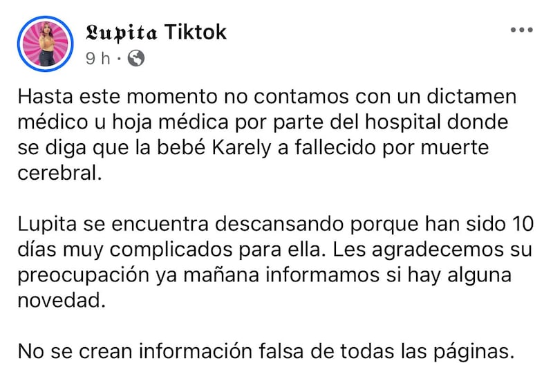 Comunicado de Lupita TikTok en Facebook