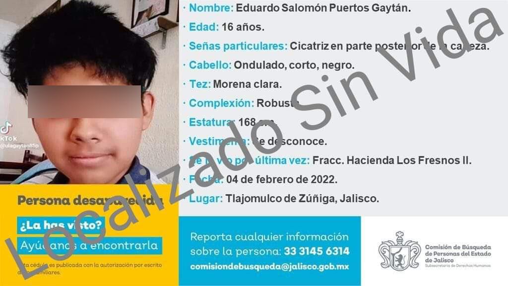 Eduardo Salomón de 16 años de edad fue privado de la libertad en su casa de la colonia Los Fresnos en Tlajomulco; 24 horas más tarde había fallecido.