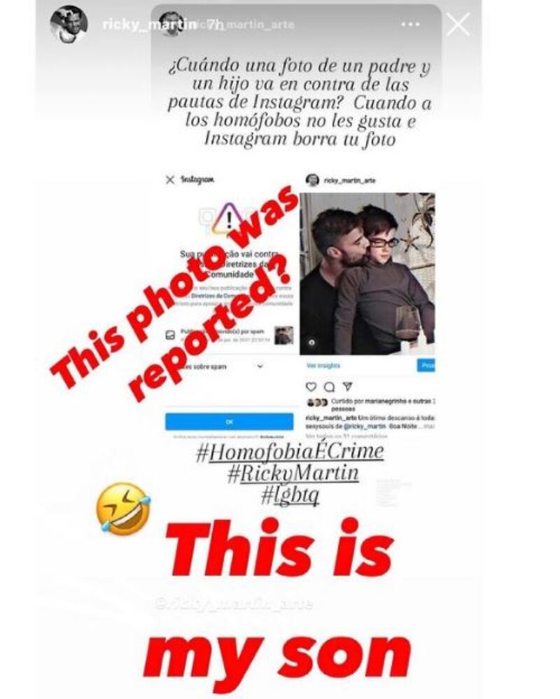 Instagram censuró una de las fotos de Ricky Martin dándole un beso a uno de sus hijos
