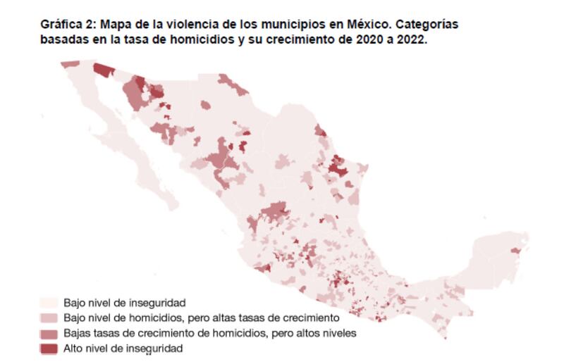 Mapa de la violencia de los municipios en México. Categorías basadas en la tasa de homicidios y su crecimiento de 2020 a 2022.
