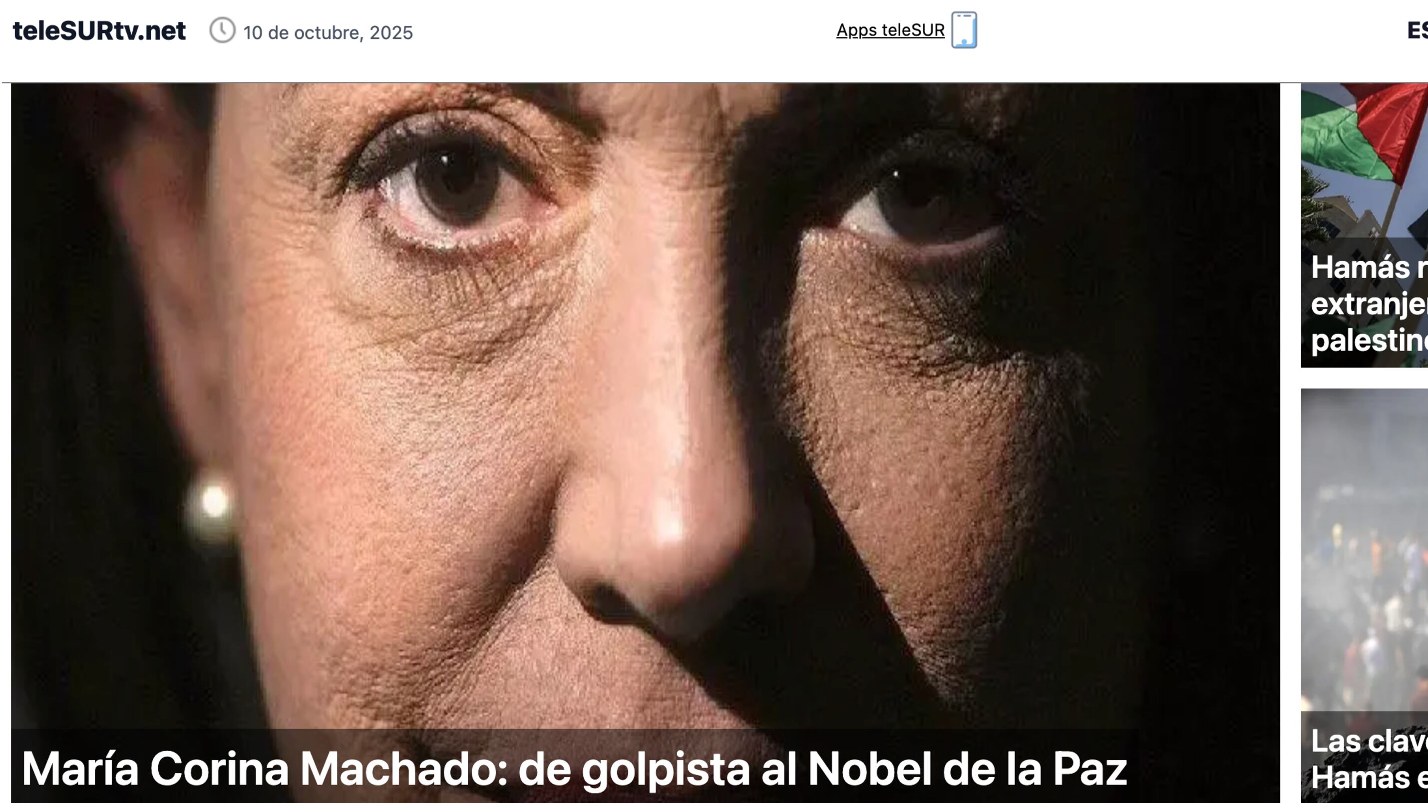 Los medios oficialistas en Venezuela también se hicieron eco del Nobel de la Paz a María Corina Machado, como es el caso de Telesur