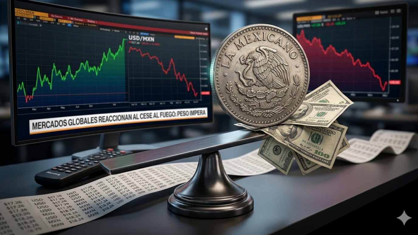 El dólar retrocede 0.27% y acumula una caída de 4.74% en nueve días, mientras el peso avanza con menor tensión global.