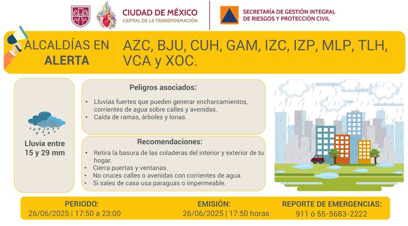 La alerta en varias alcaldías de la CDMX tiene vigencia hasta las 11 dela noche