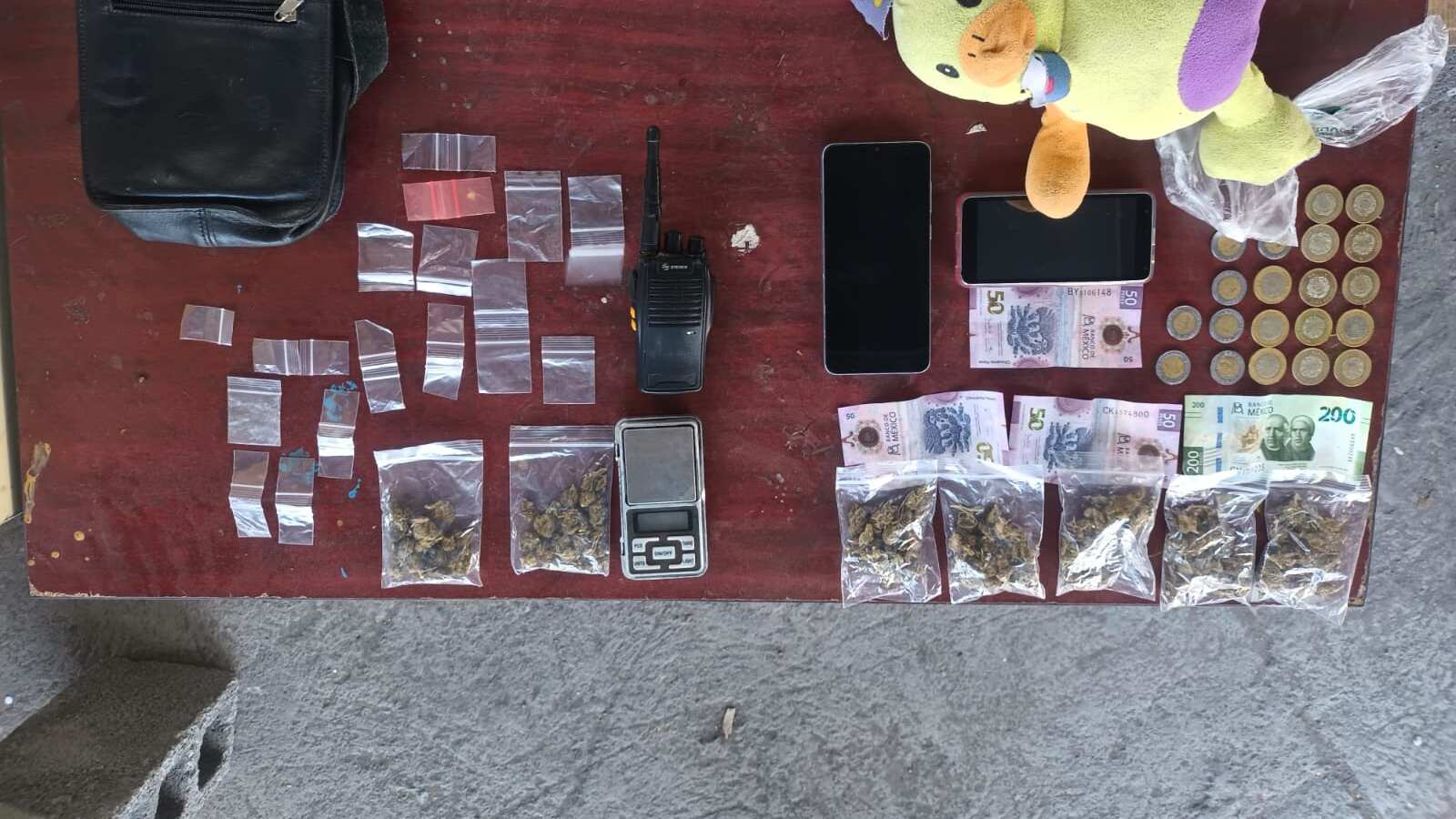 Dentro del muñeco detectaron que traían varios envoltorios de plástico transparente con hierba verde con las características de la mariguana, siendo un total de siete bolsas entre ambos.