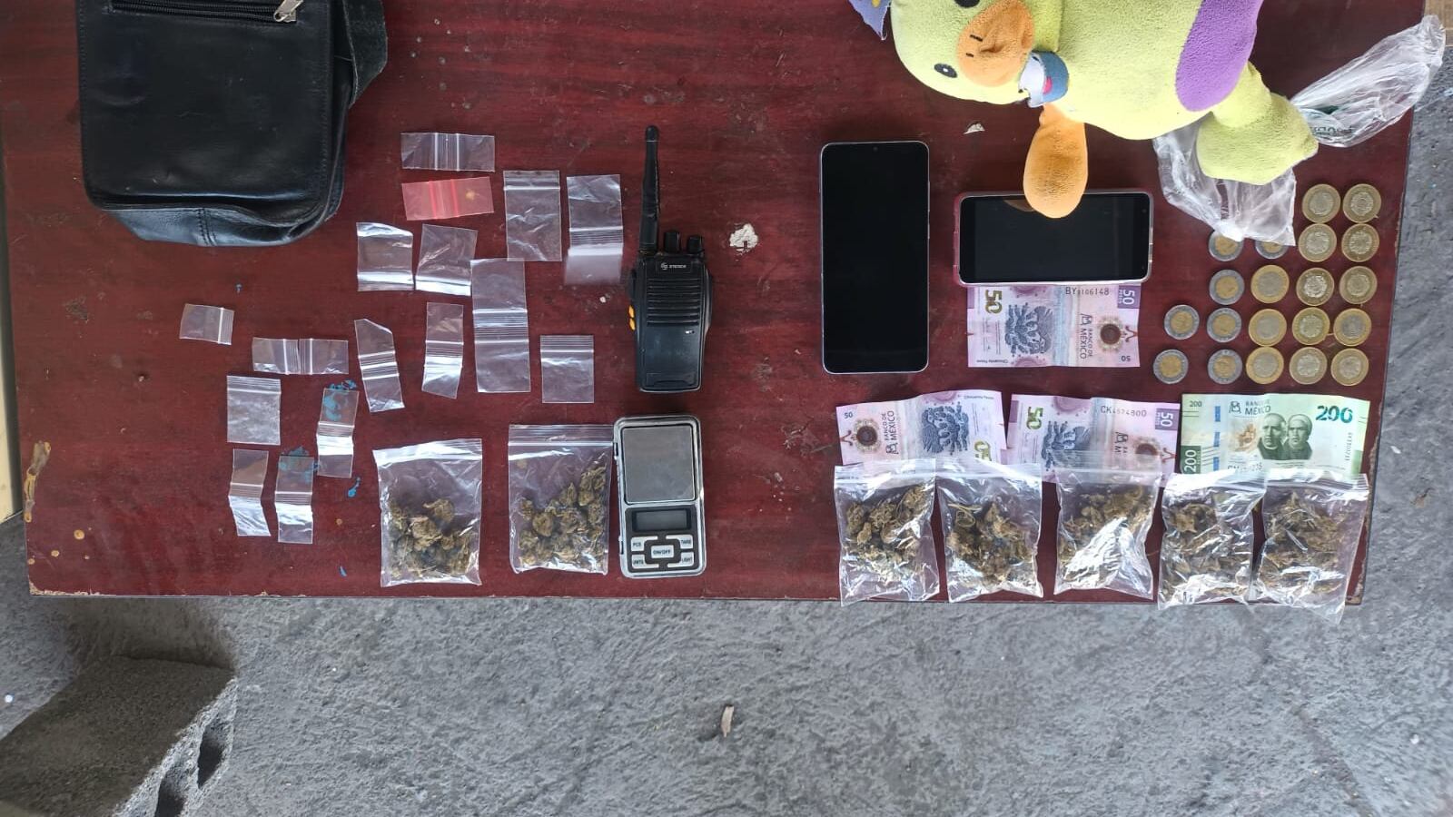 Dentro del muñeco detectaron que traían varios envoltorios de plástico transparente con hierba verde con las características de la mariguana, siendo un total de siete bolsas entre ambos.