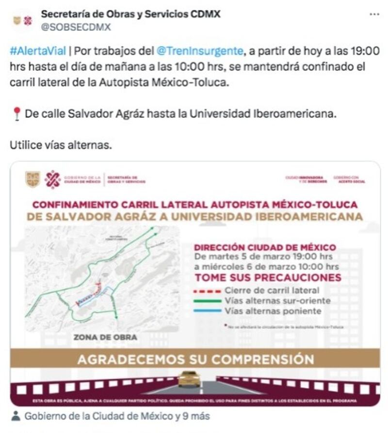 Segundo cierre carriles laterales de Autopista México-Toluca