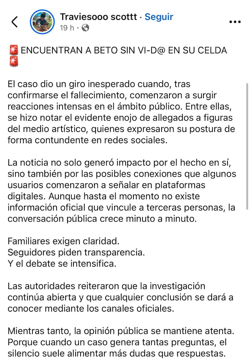 Reporte sobre la supuesta muerte de Beto