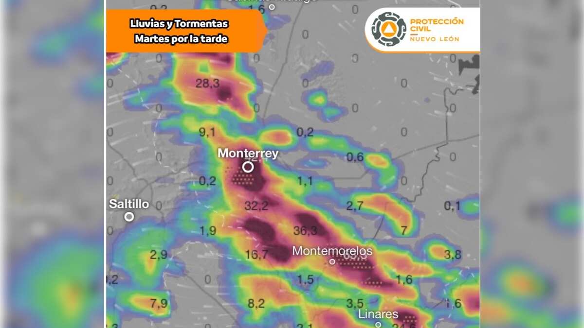 Las lluvias caerían principalmente en las zonas montañosa, citrícola, oriente y área metropolitana de Monterrey.
