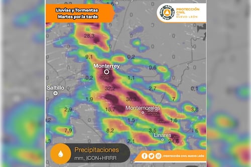 Este martes llegaría “un mundo de agua” a Nuevo León; pronostican lluvias acompañadas de descargas eléctricas
