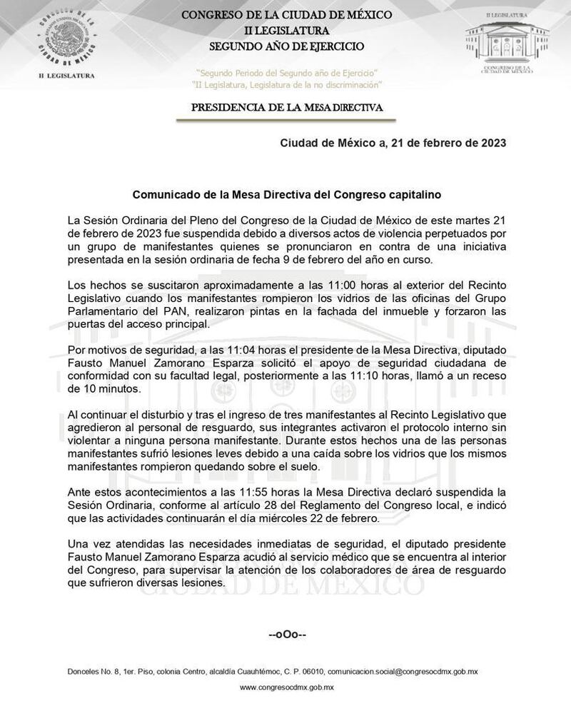 Comunicado de la Mesa Directiva del Congreso de la CDMX.