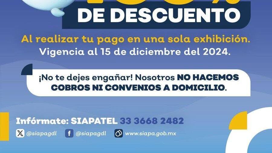 El Sistema Intermunicipal de los Servicios de Agua Potable y Alcantarillado (SIAPA) informa a la ciudadanía que el programa de descuentos del 100% sobre los recargos finaliza este 15 de diciembre.
