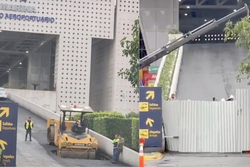 Así acabó una máquina en un gigantesco socavón en rampa del AICM a días del Mundial