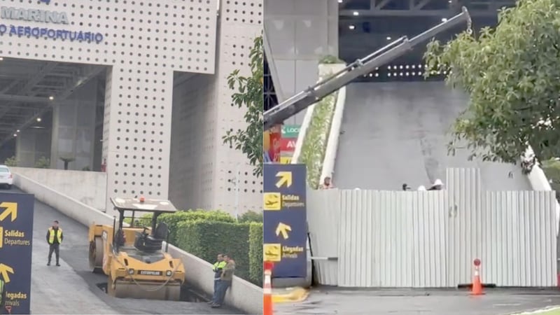 Así acabó una máquina en un gigantesco socavón en rampa del AICM a días del Mundial
