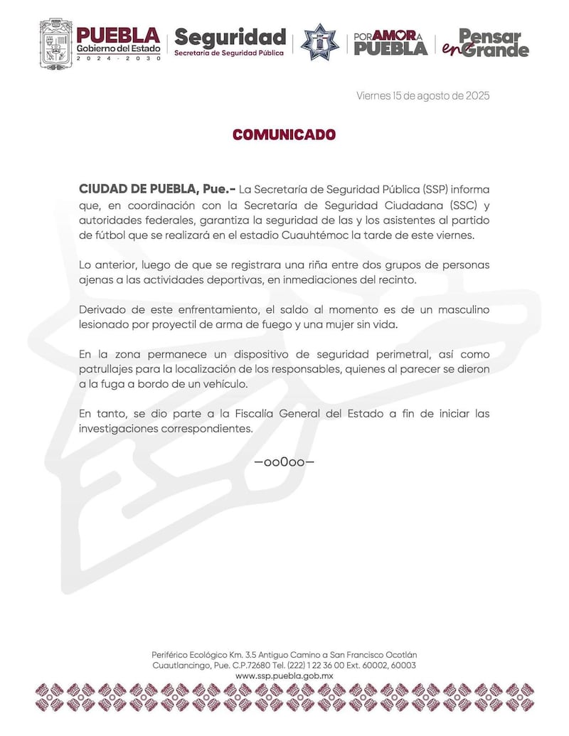 Comunicado de la Secretaría de Seguridad Pública de Puebla.