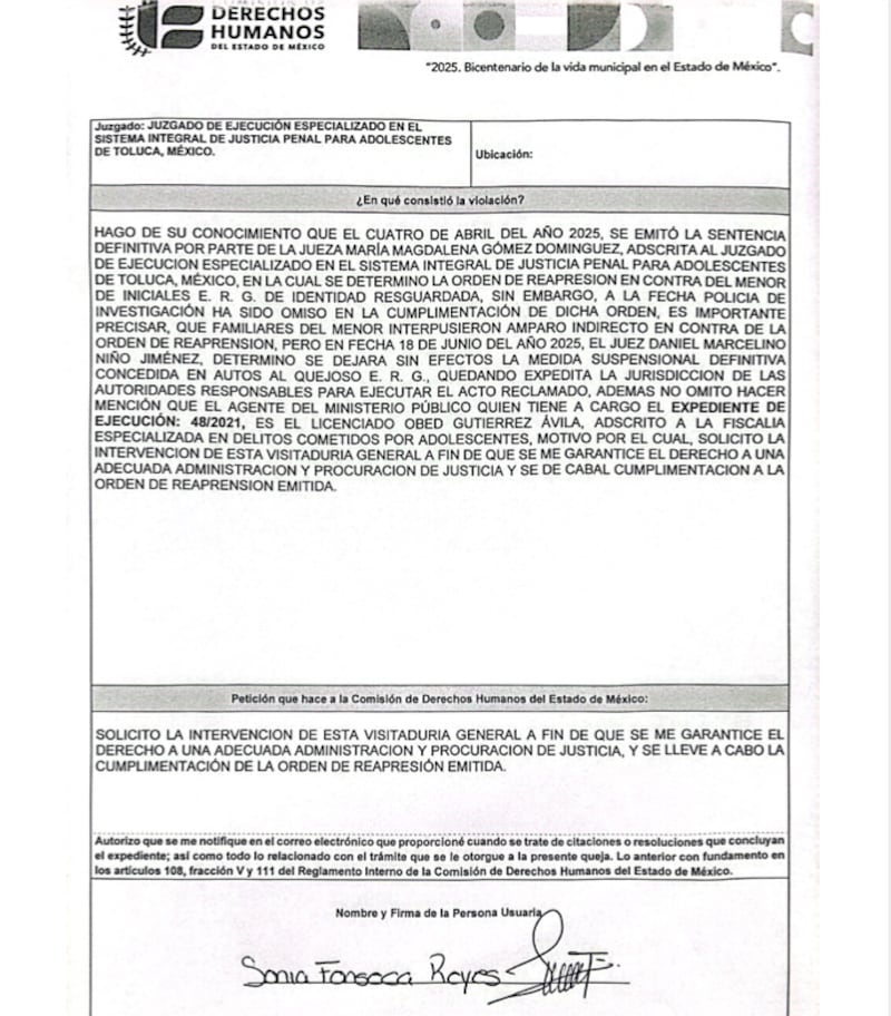 Sonia Fonseca presentó queja ante Derechos Humanos por falta de ejecución de justicia tras siete años del asesinato de su hijo.