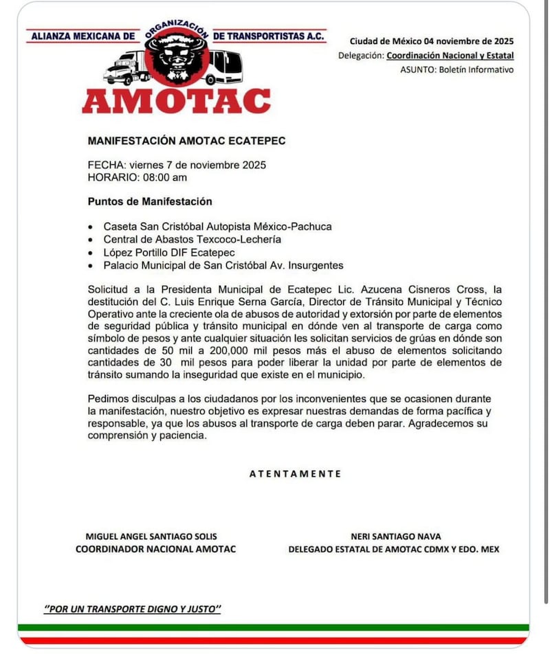 AMOTAC anuncia bloques en Ecatepec