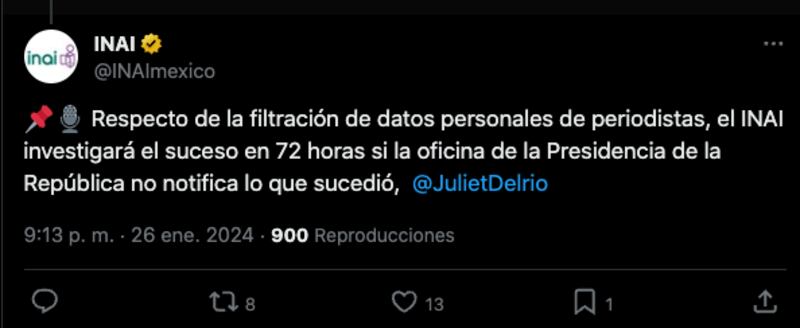 INAI: Presidencia tiene 72 horas para aclarar filtración de datos de periodistas en la mañanera