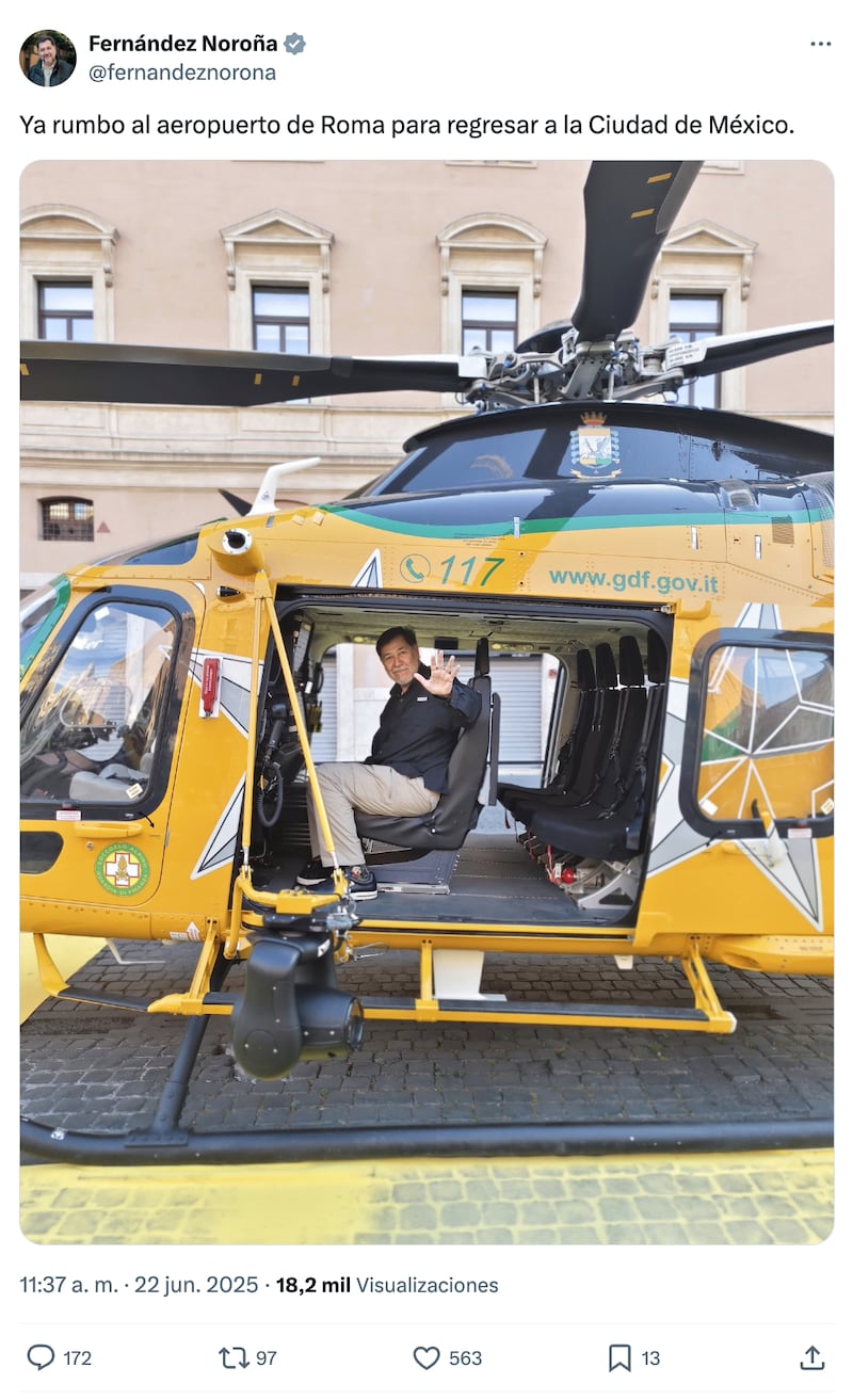 ¿Y la austeridad? Critican a Noroña por usar helicóptero del gobierno italiano rumbo al aeropuerto