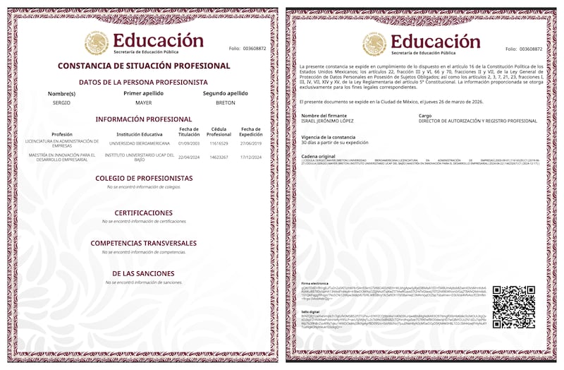 Sergio Mayer cédulas profesionales