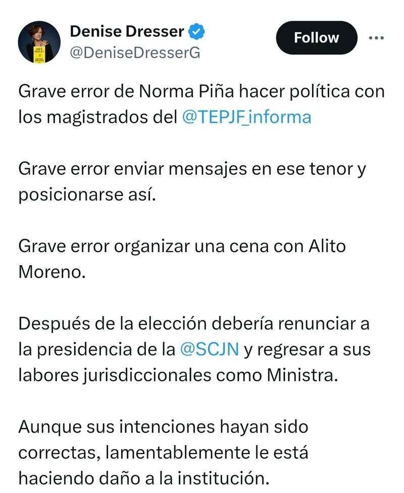 Critican a Denise Dresser en redes por eliminar publicación exigiendo renuncia de Norma Piña