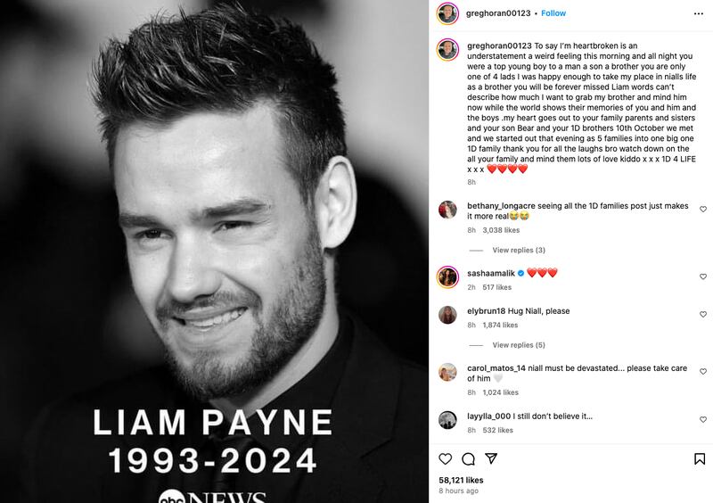 Publicación del hermano de Niall Horan en Instagram