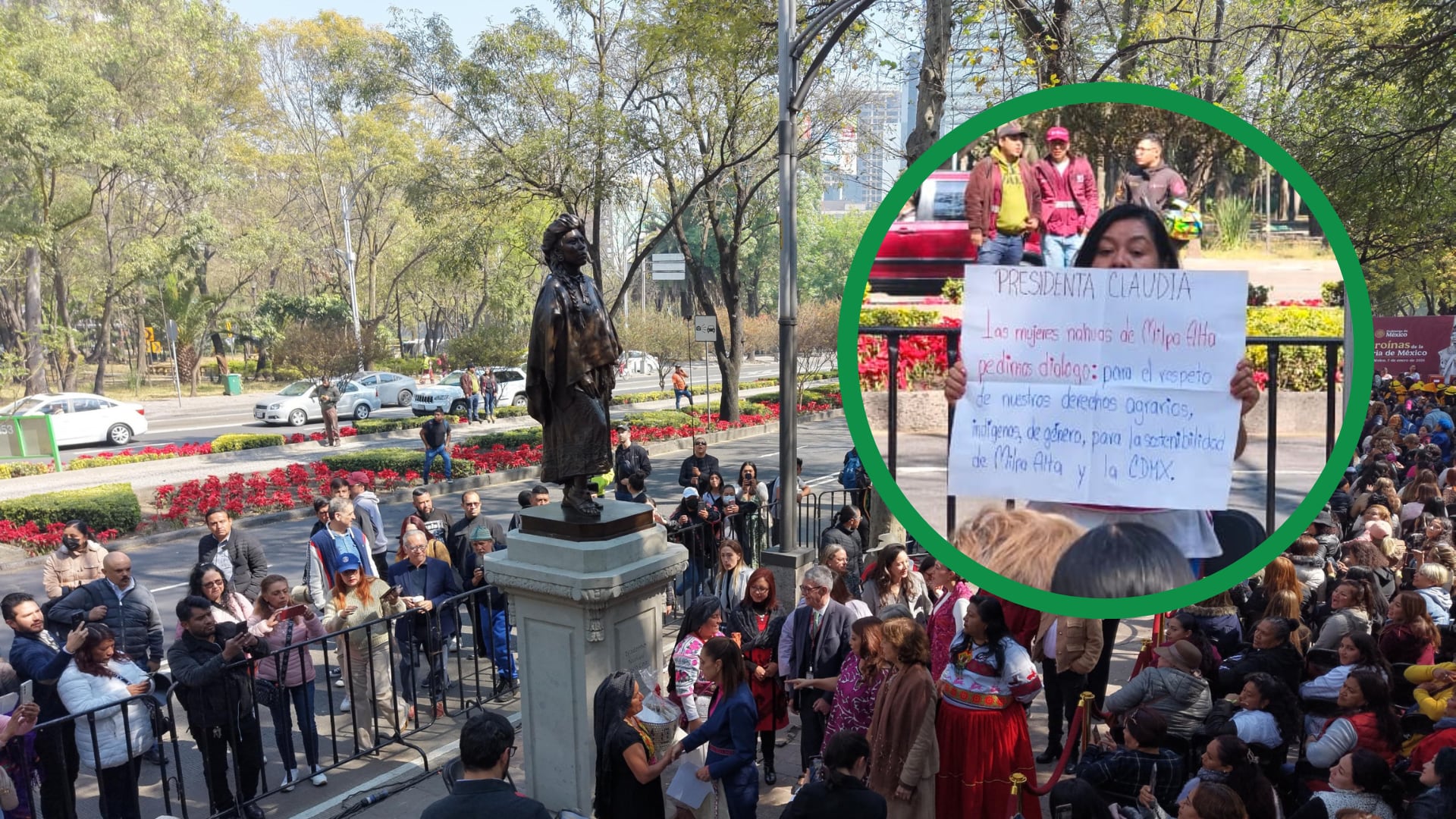 Durante un evento público en Paseo de la Reforma, pobladores de Milpa Alta manifestaron su oposición al Cablebús