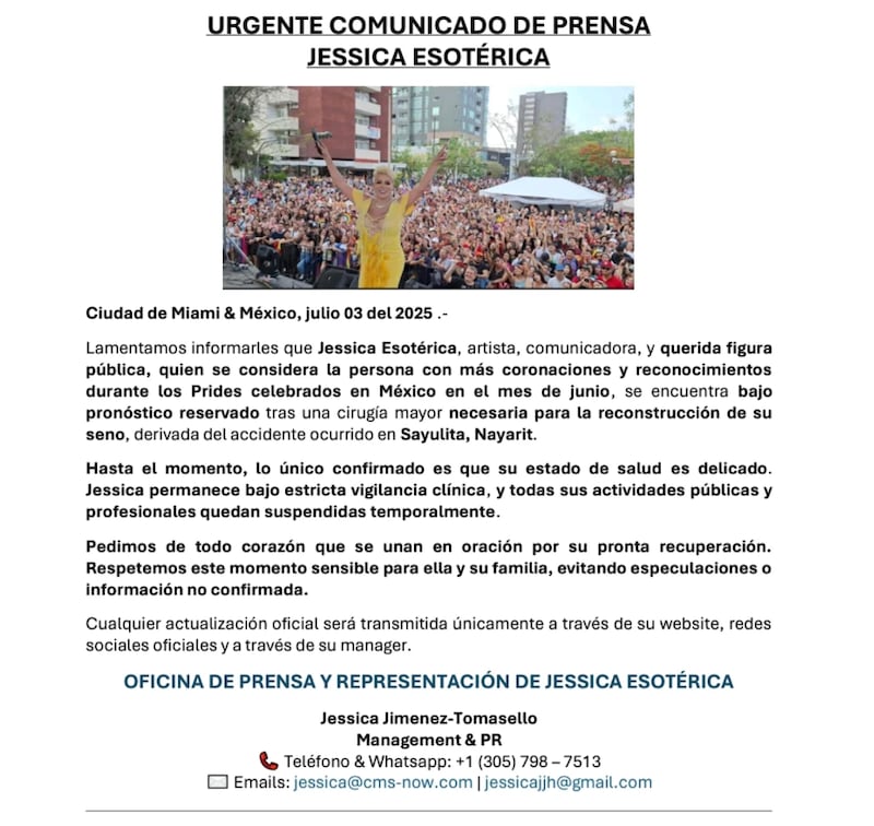 Comunicado sobre el estado de salud de Jessica Esotérica