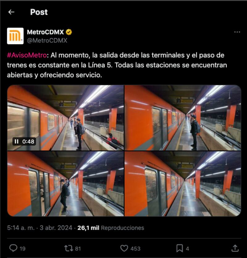 Línea 5 del Metro reanuda servicio en todas sus estaciones el 3 de abril