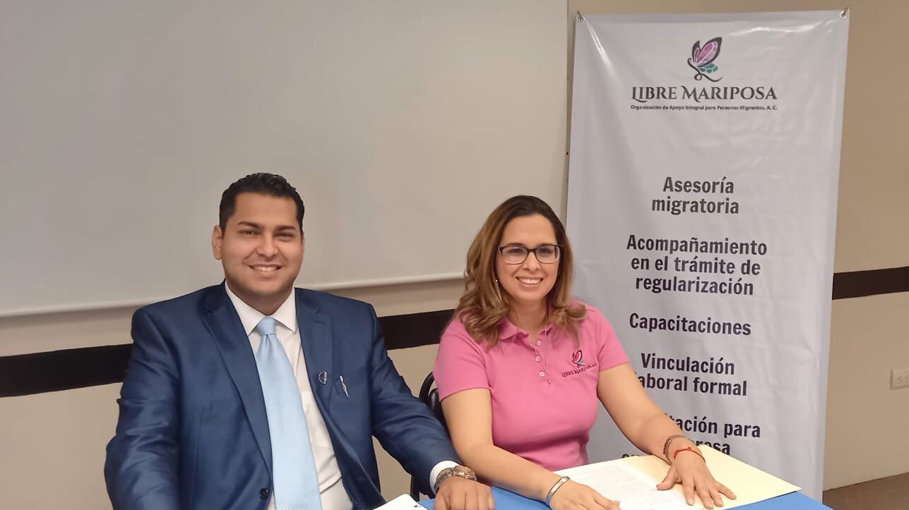 Daniel García Rosales, presidente de Canirac y Raquel Romero, presidenta de Libre Mariposa, unieron esfuerzos para capacitar y orientar a los migrantes.