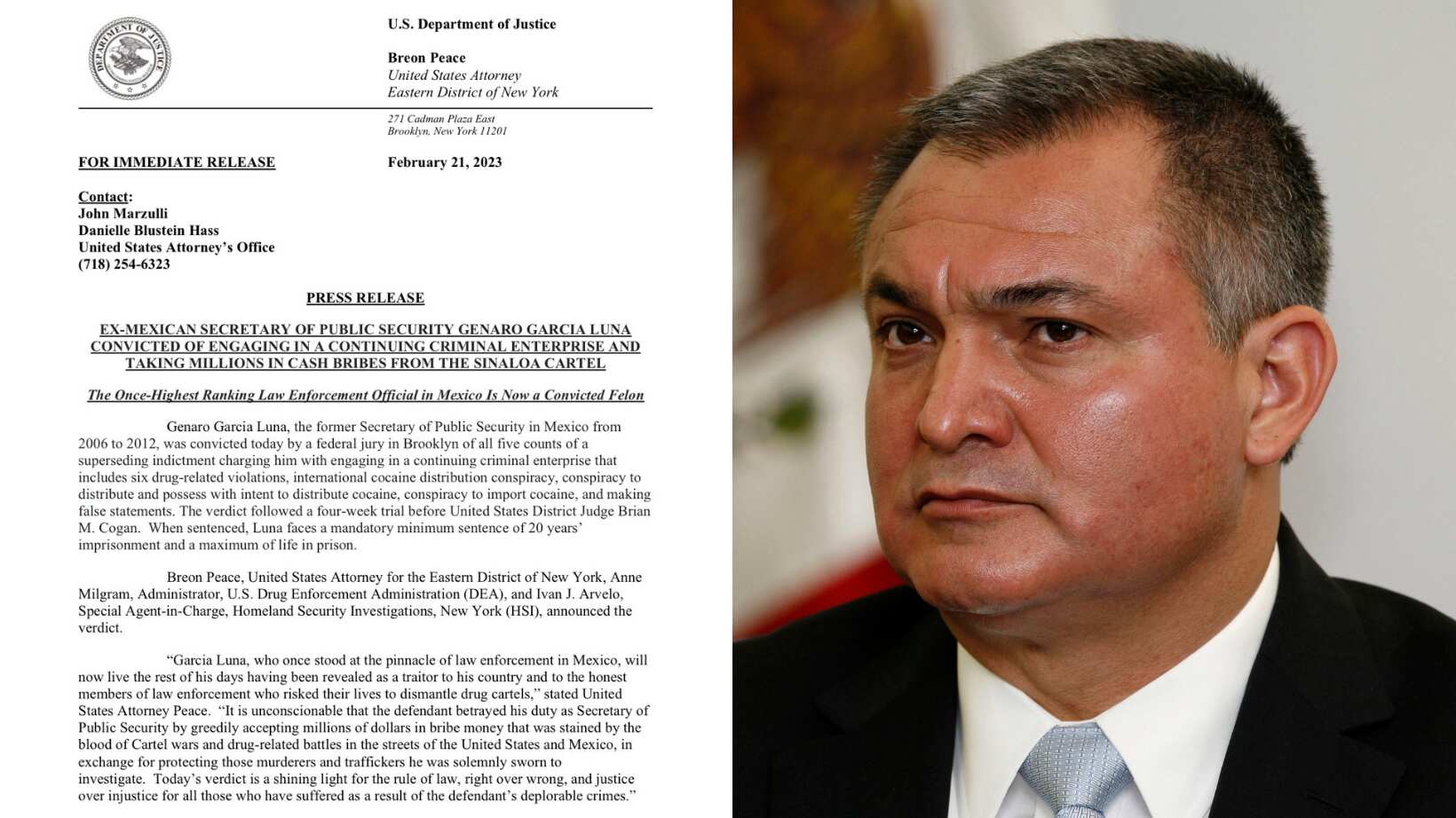 La Fiscalía de NY celebró el veredicto del jurado de Brooklyn contra el exfuncionario mexicano y resaltaron el esfuerzo de la DEA en el caso de García Luna.