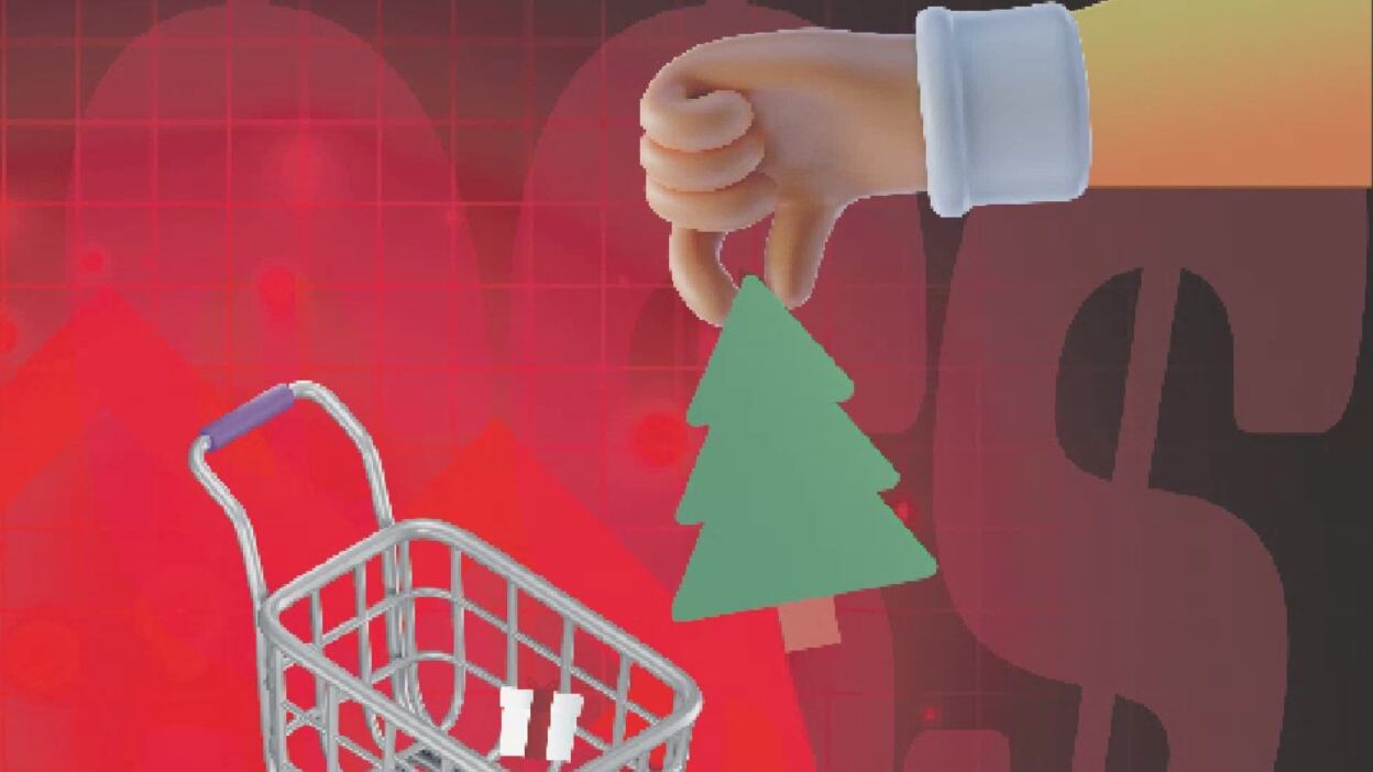 Una mano ilustrada sostiene un arbolito de navidad sobre un carrito de compra. En el fondo, se observan signos de dólares y una gráfica mostrando una disminución.
