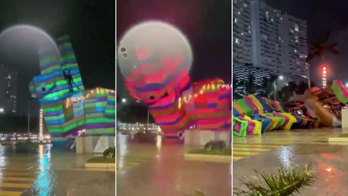 Lluvia y fuertes vientos derrumban piñata gigante del ‘burrito sabanero’ en Cancún