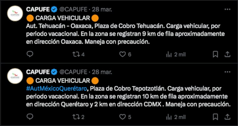 Capufe informó que existe fila de 10 km en la autopista México-Querétaro