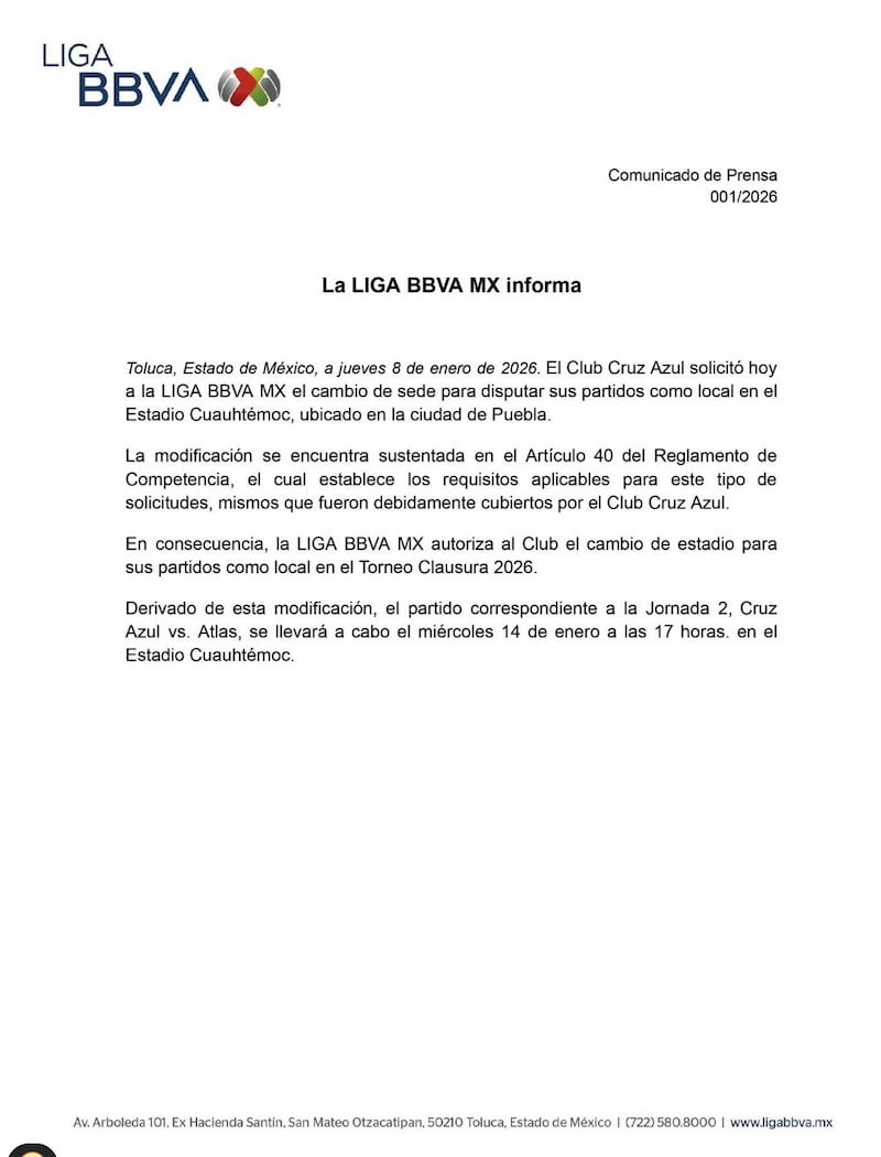 Comunicado Liga BBV MX