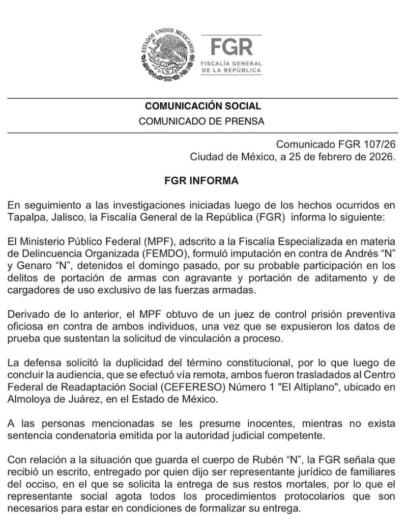 Comunicado de la FGR