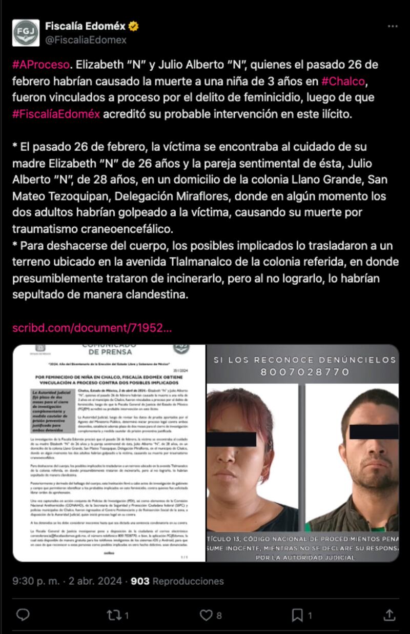Pareja asesina a golpes a niña de tres años de edad e intentan quemar el cuerpo en Chalco
