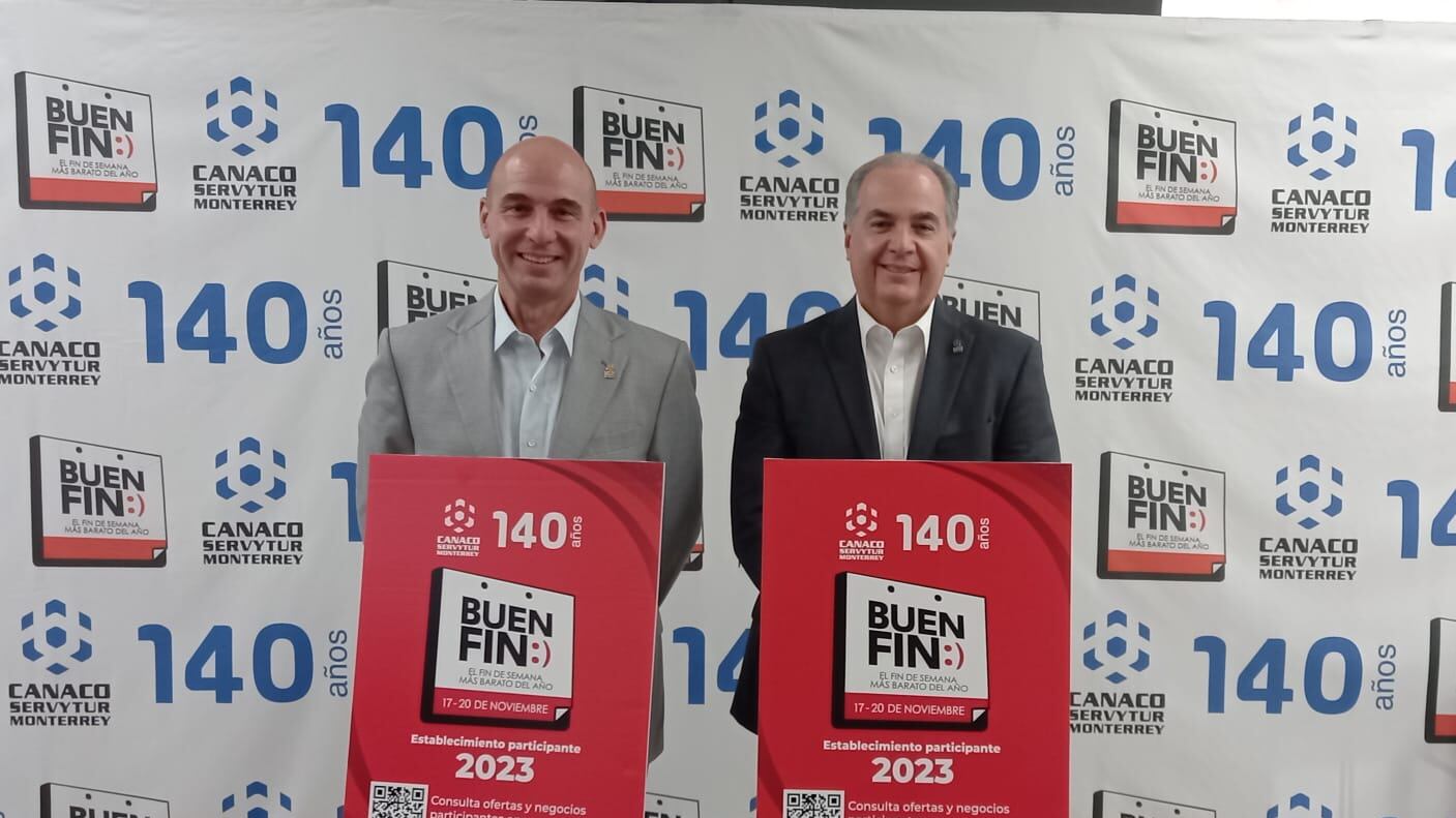 Fernando Canales Stelzer y Héctor Villarreal, presidente y director de la Canaco, presentaron el logo 2023.